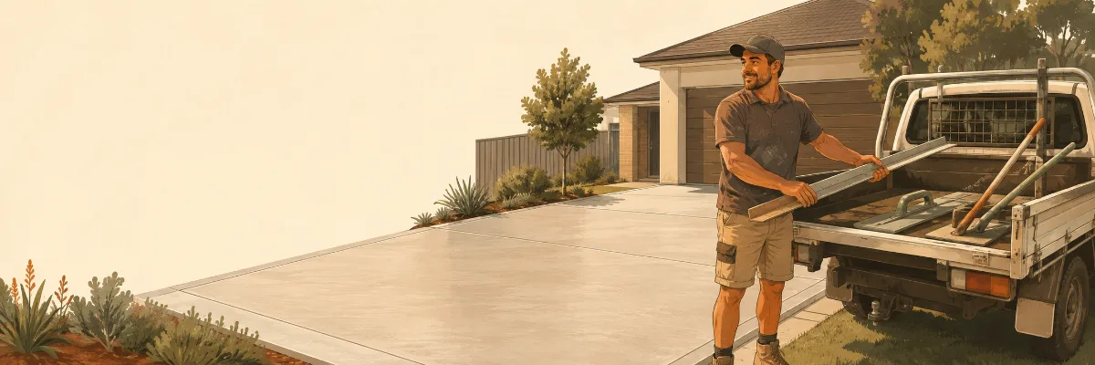 Illustration of a concreter beside a recently completed concrete surface.