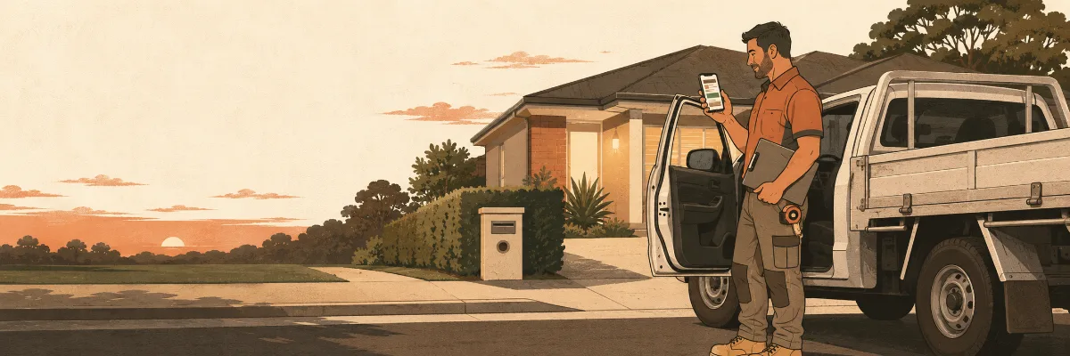Illustration of a concreter beside a suburban driveway and work vehicle.