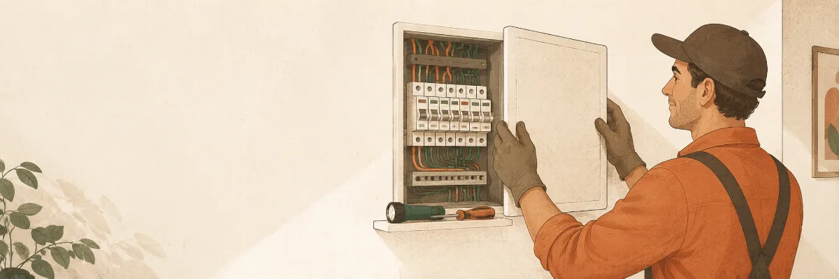 Illustration of an electrician inspecting a household switchboard.