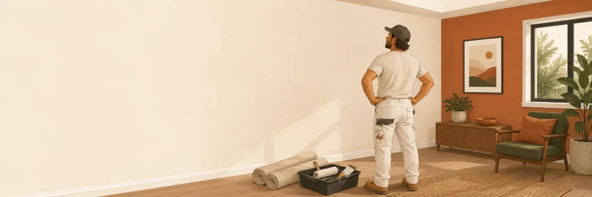 Illustration of a painter assessing a finished interior wall.