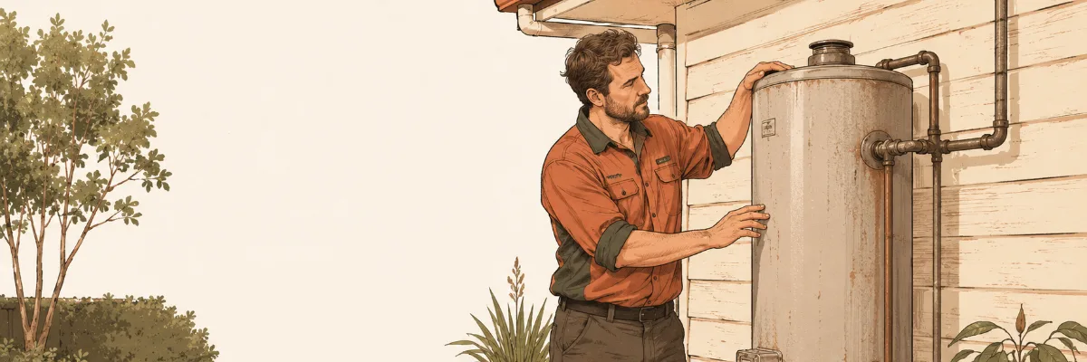 Illustration of a plumber assessing an outdoor hot-water unit.