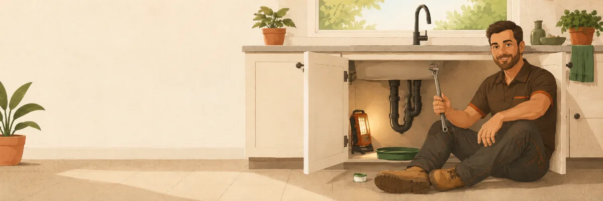 Illustration of a plumber working at a household sink.