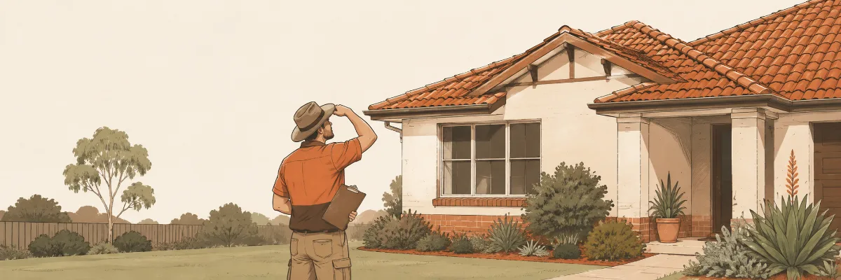 Illustration of a roofer looking at a tiled roof from the ground.