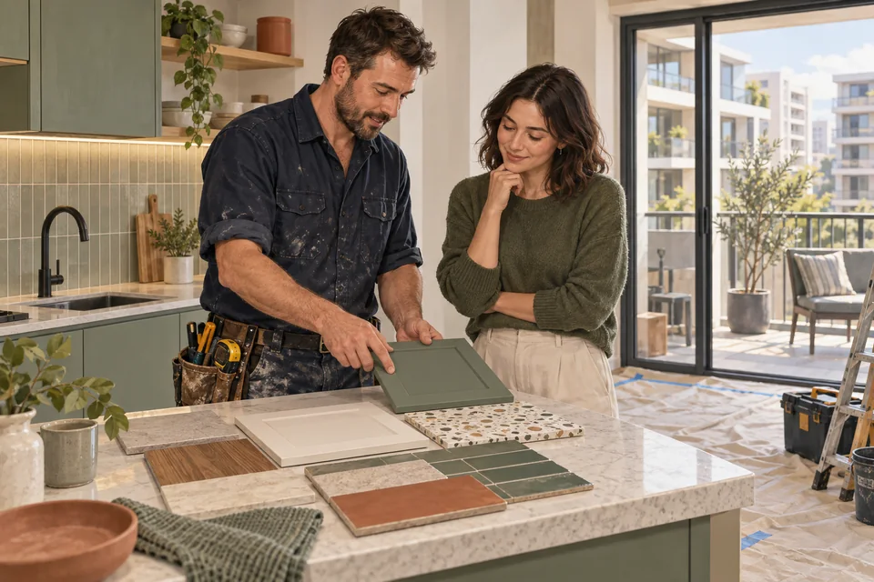 Illustration of a homeowner reviewing renovation finishes with a contractor in an apartment kitchen.