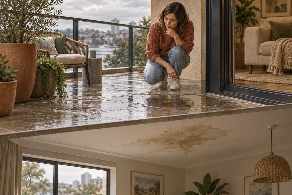 Wet balcony above a damp room ceiling.
