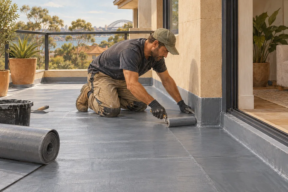 Illustration of a tradesperson applying an external waterproofing system on a balcony.