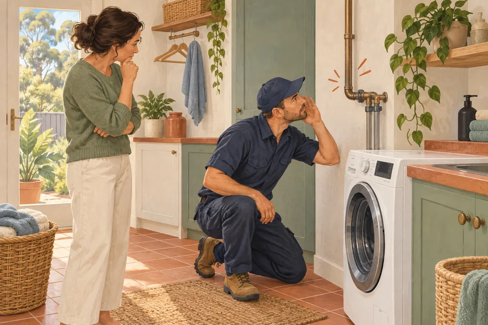 Illustration of a plumber listening near laundry pipes.