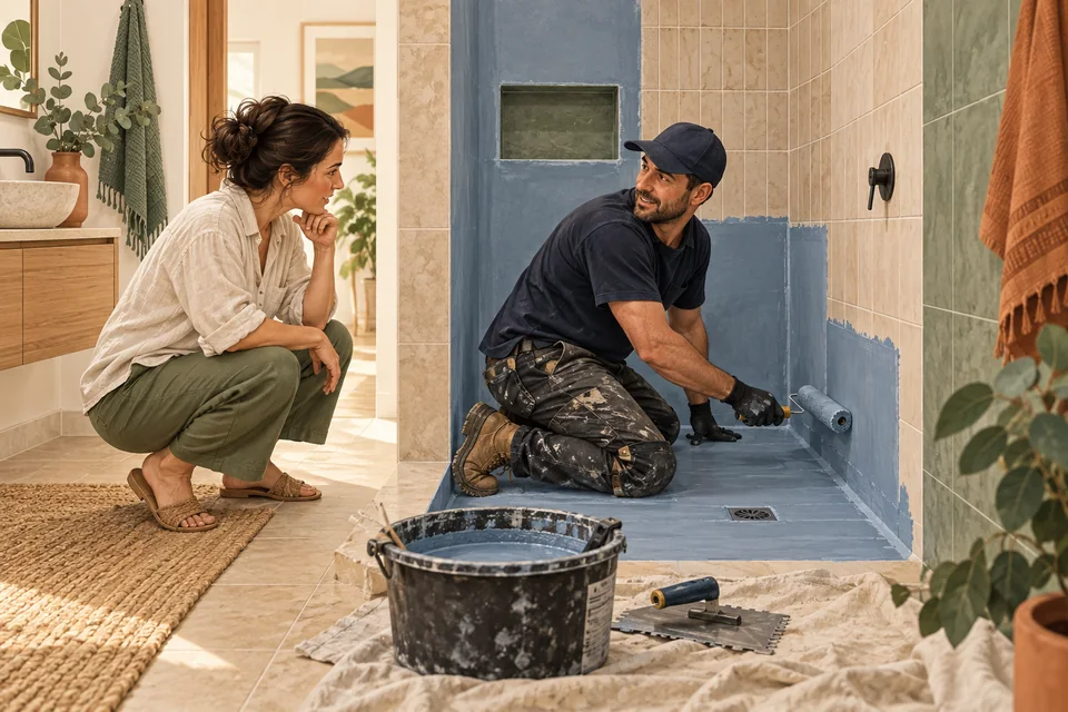 Illustration of a trade applying a waterproof membrane inside a shower before tiling.