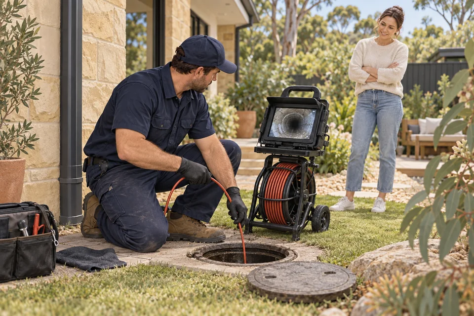 Illustration of a plumber inspecting an outdoor drain with a camera.