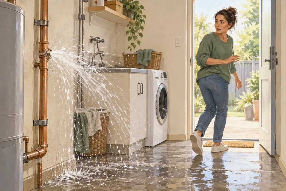 Illustration of water spraying from a burst pipe inside a home laundry.