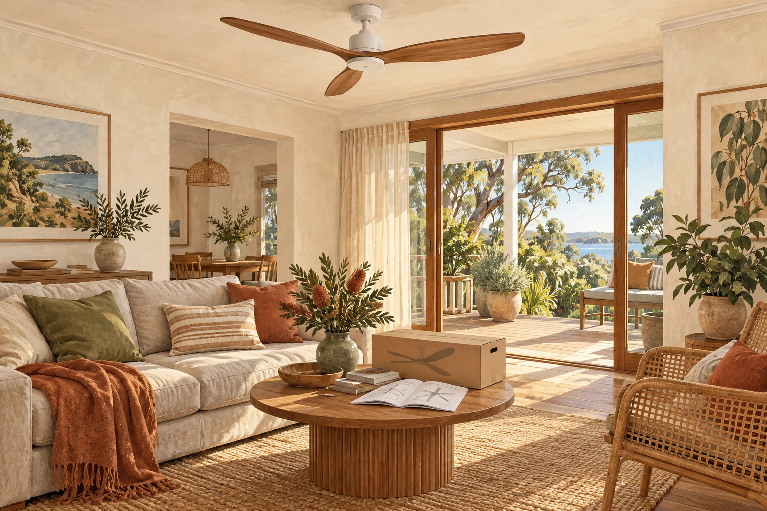 Illustrative Australian living room with a ceiling fan, natural light and warm furnishings.