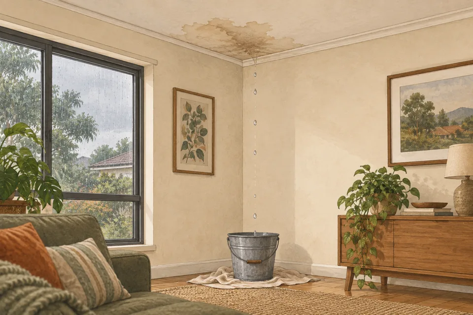 Illustration of water dripping from a stained ceiling into a bucket.