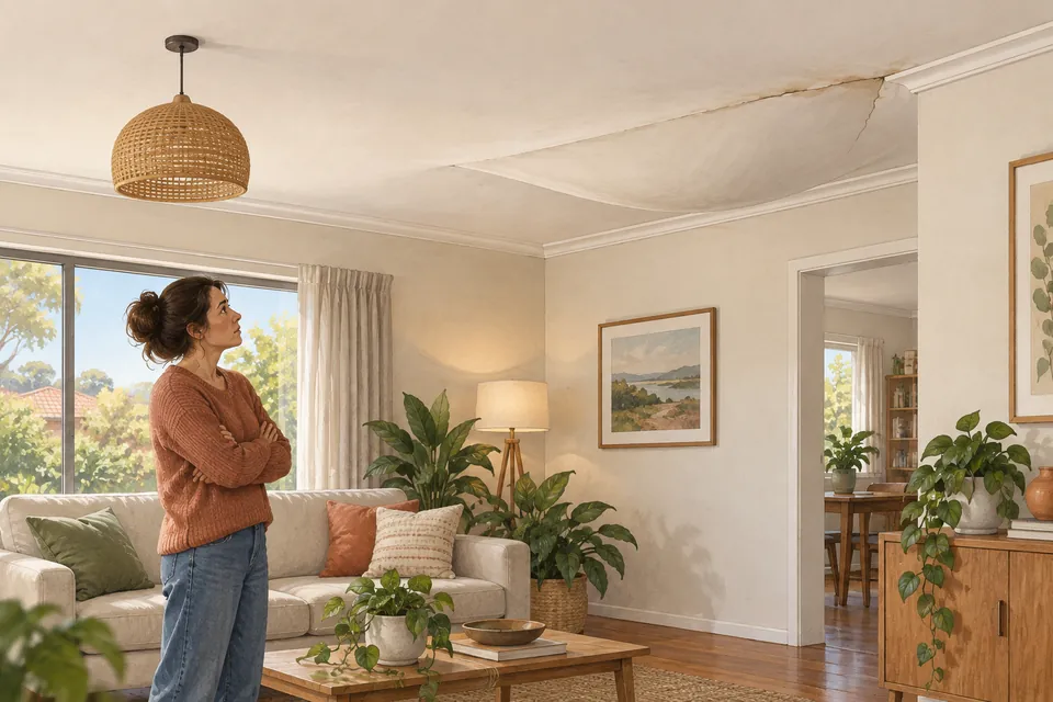 Illustration of a drooping ceiling panel and a homeowner looking from a distance.