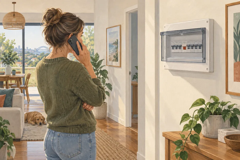 Illustration of a homeowner phoning beside a switchboard.
