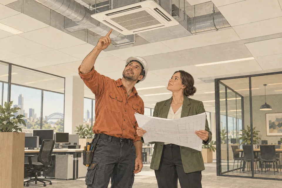 Illustration of an HVAC installer and facilities manager reviewing a ceiling cassette and ductwork in an office.