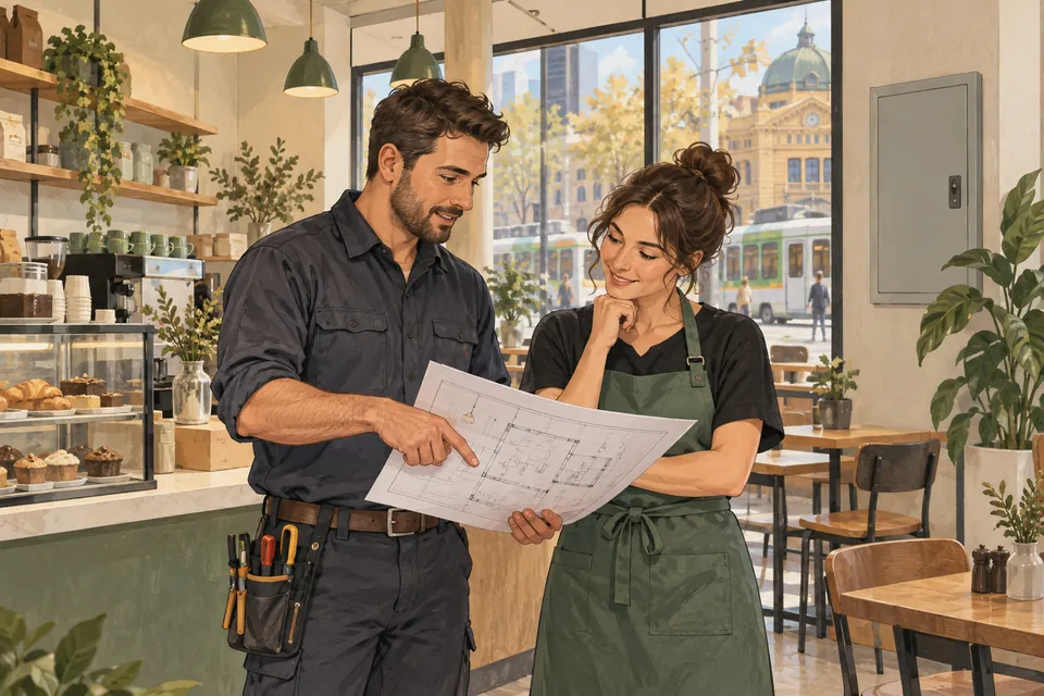 Illustration of an electrician and cafe manager discussing a shop electrical plan in Melbourne.