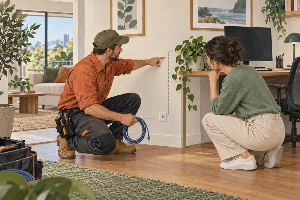 Illustration of a data cabler and homeowner planning an Ethernet point in a home office.