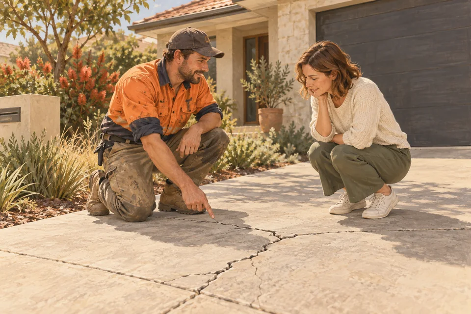 Illustration of a concreter and homeowner inspecting a crack in a driveway.