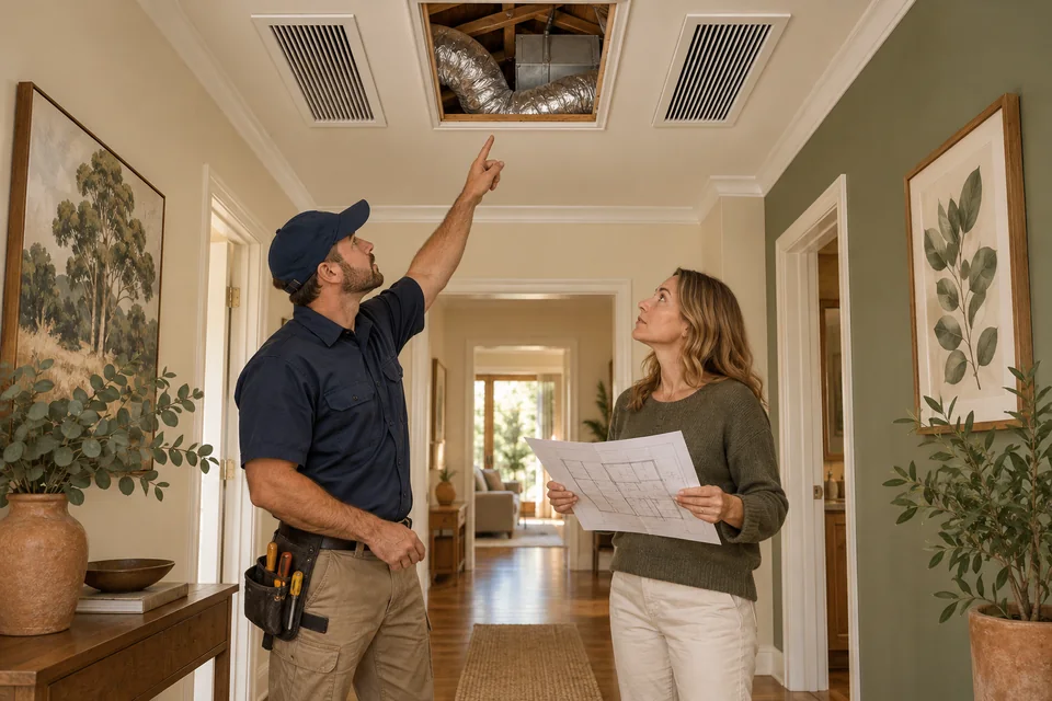 Illustration of an installer and homeowner looking at ceiling grilles and ductwork.