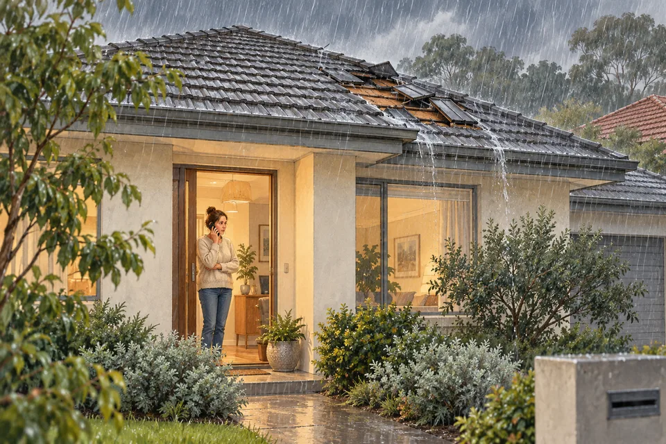 Illustration of heavy rain over a damaged tiled roof while a homeowner phones from inside the doorway.