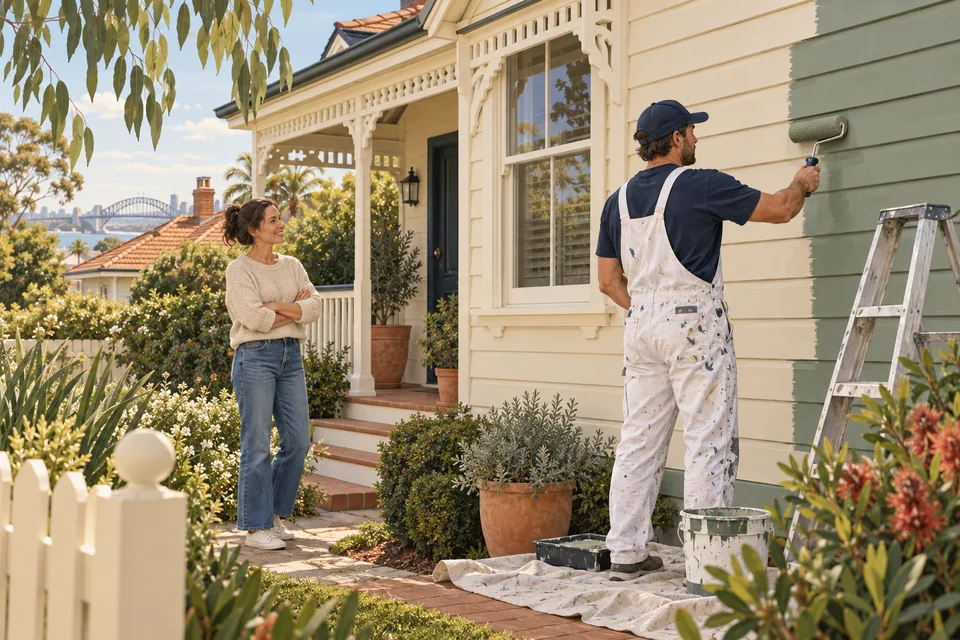 Illustration of a painter coating the weatherboards of an Australian house.