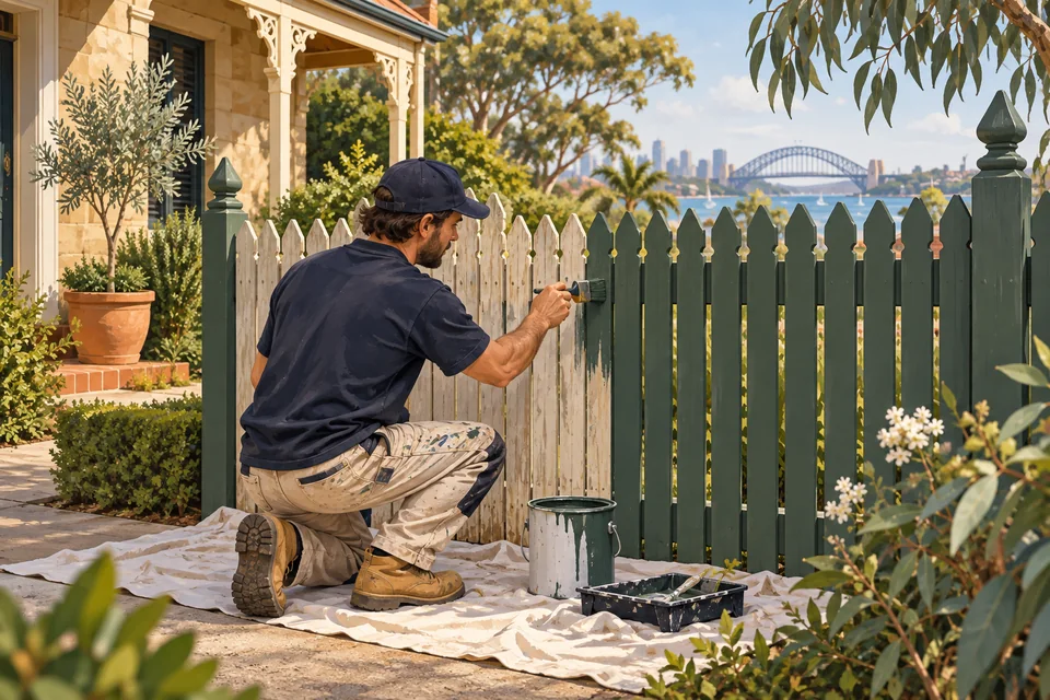 Illustration of a painter applying green paint to a timber fence.