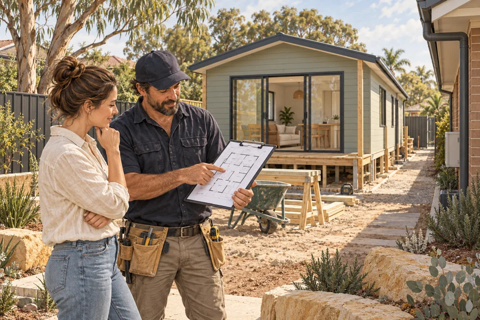 Illustration of a homeowner and builder reviewing a new backyard granny flat.