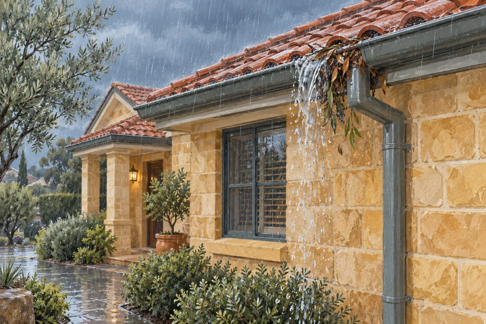 Illustration of a gutter overflowing during rain.