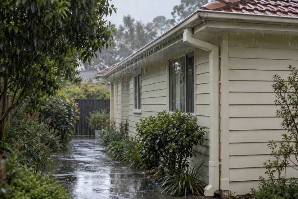 Illustration of rain falling on an Australian house roof.