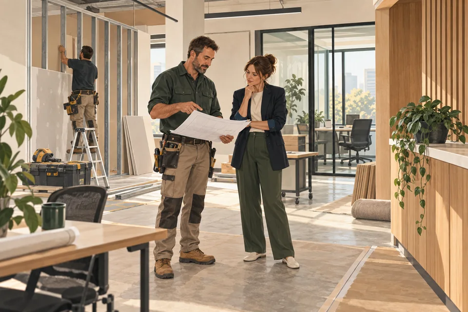 Illustration of a contractor and owner reviewing plans inside an office renovation.
