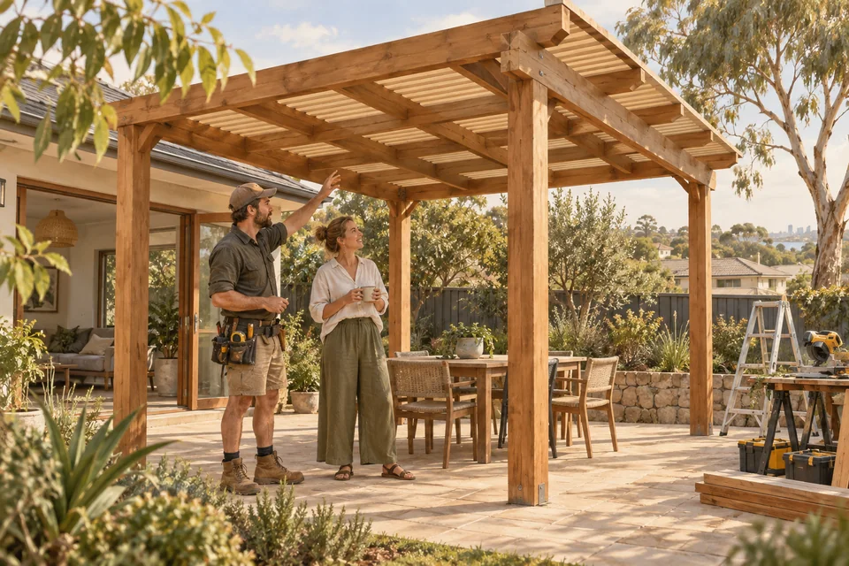 Illustration of a builder and homeowner discussing a timber pergola in a backyard.