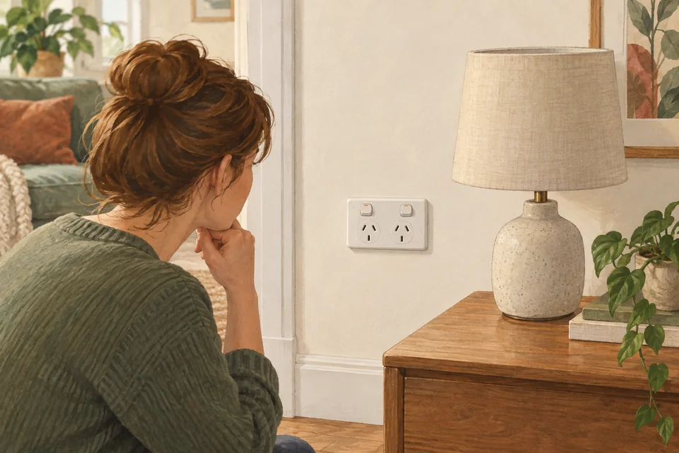 Illustration of a homeowner looking at a wall power point beside an unlit lamp.