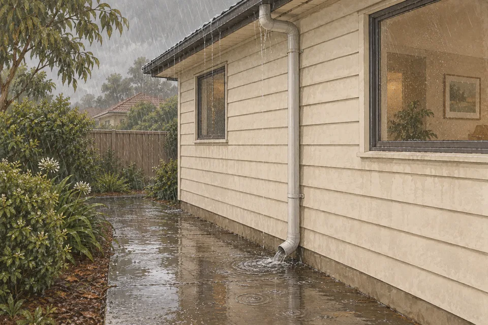 Illustration of rainwater pooling beside a house wall and downpipe.