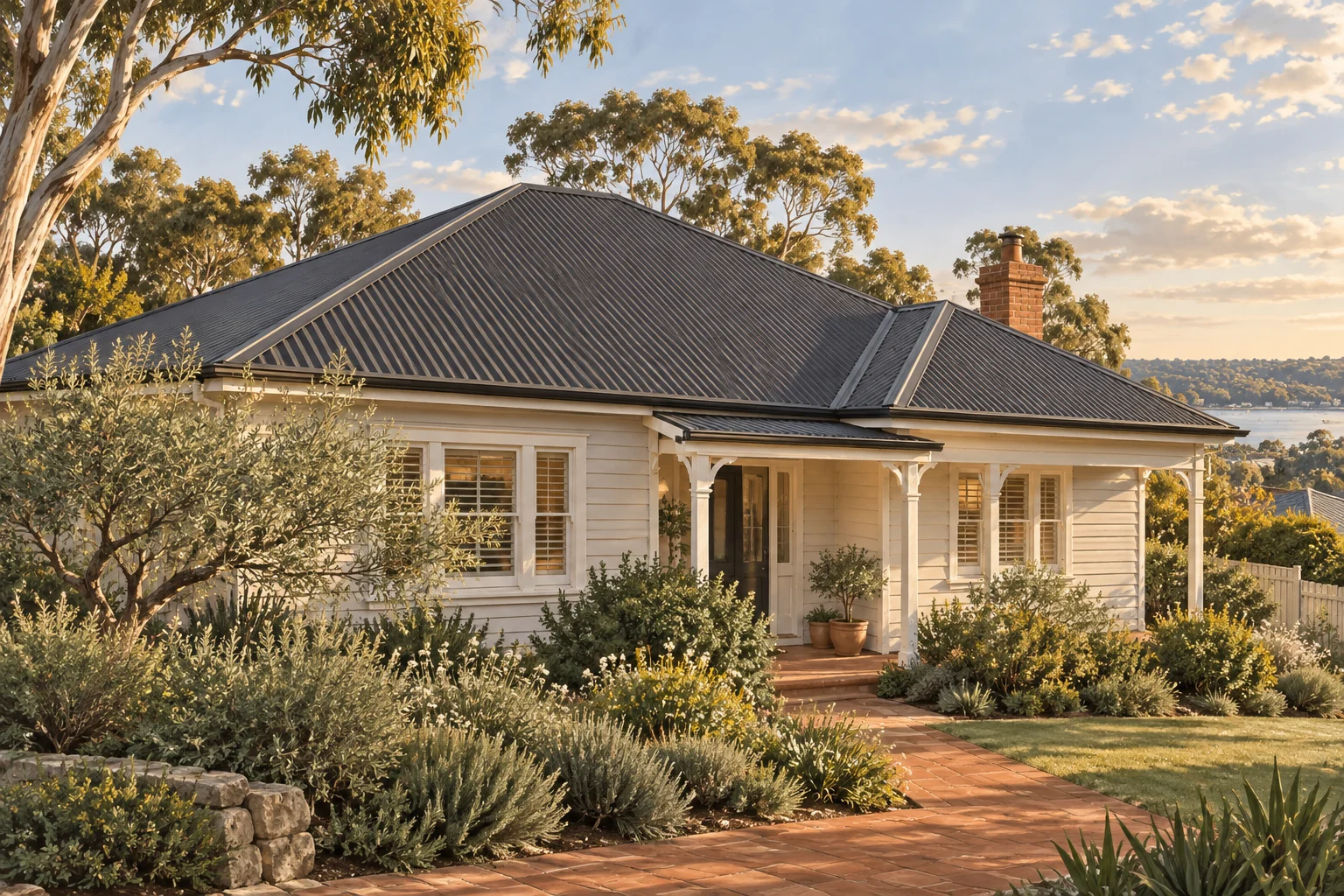 Illustrative Australian home with cream weatherboards, a charcoal roof and a native garden.