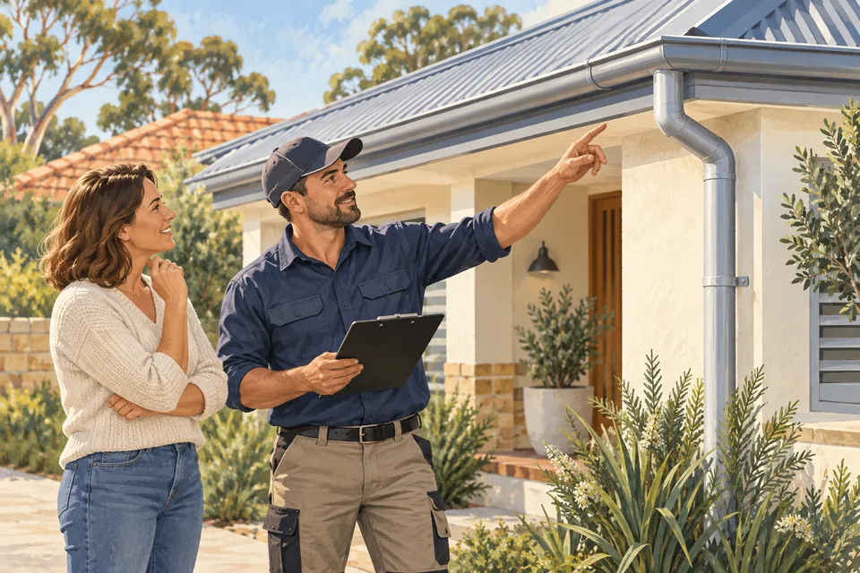 Illustration of a tradesperson discussing house guttering and a downpipe with a homeowner from the ground.
