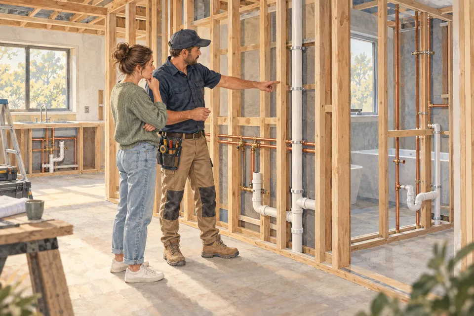 Illustration of a plumber and homeowner reviewing exposed plumbing routes during a renovation.
