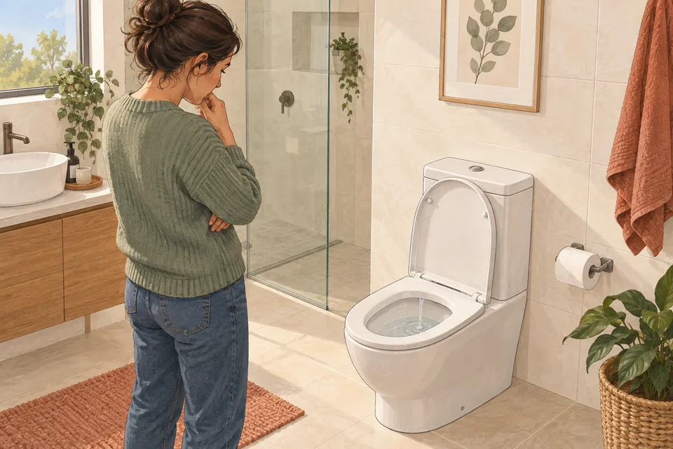 Illustration of a homeowner looking at a continuously running toilet.