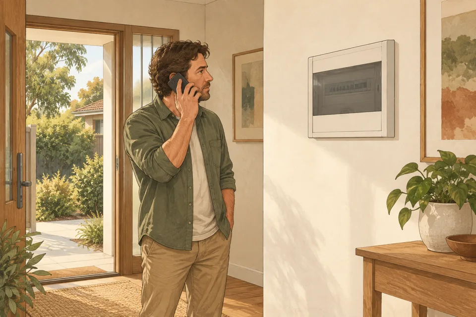 Illustration of a homeowner calling for help beside a closed switchboard.