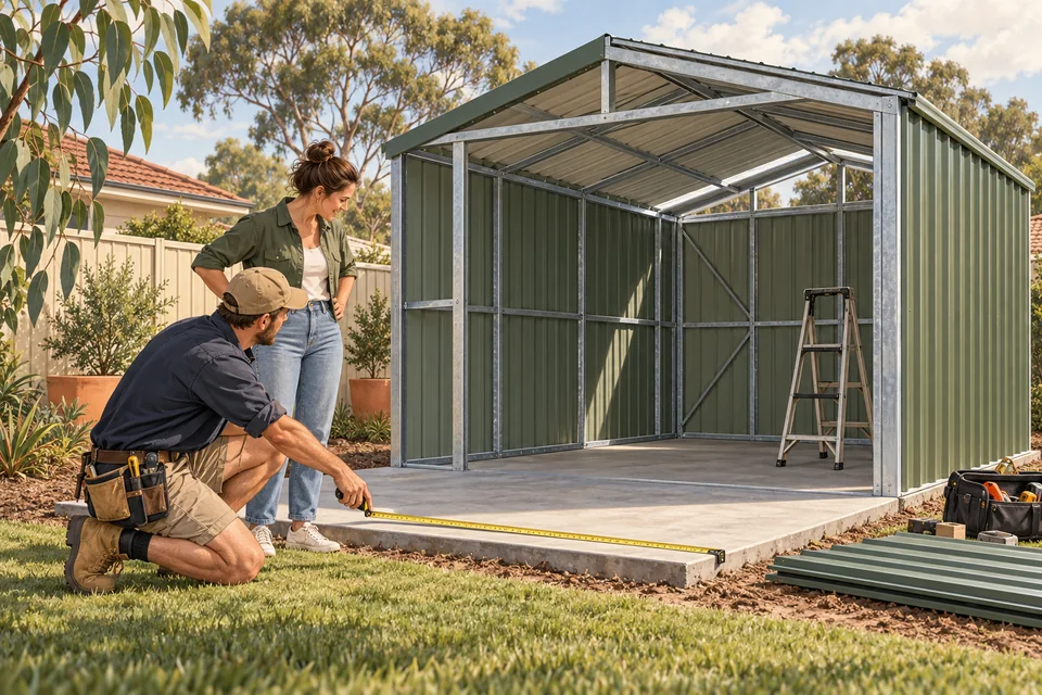 Illustration of a builder and homeowner measuring a steel shed on a concrete base.
