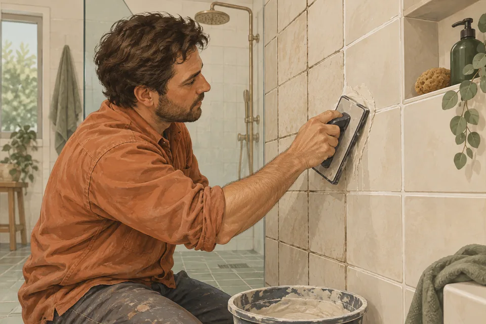 Illustration of a tiler renewing the visible grout joints on a tiled shower wall.