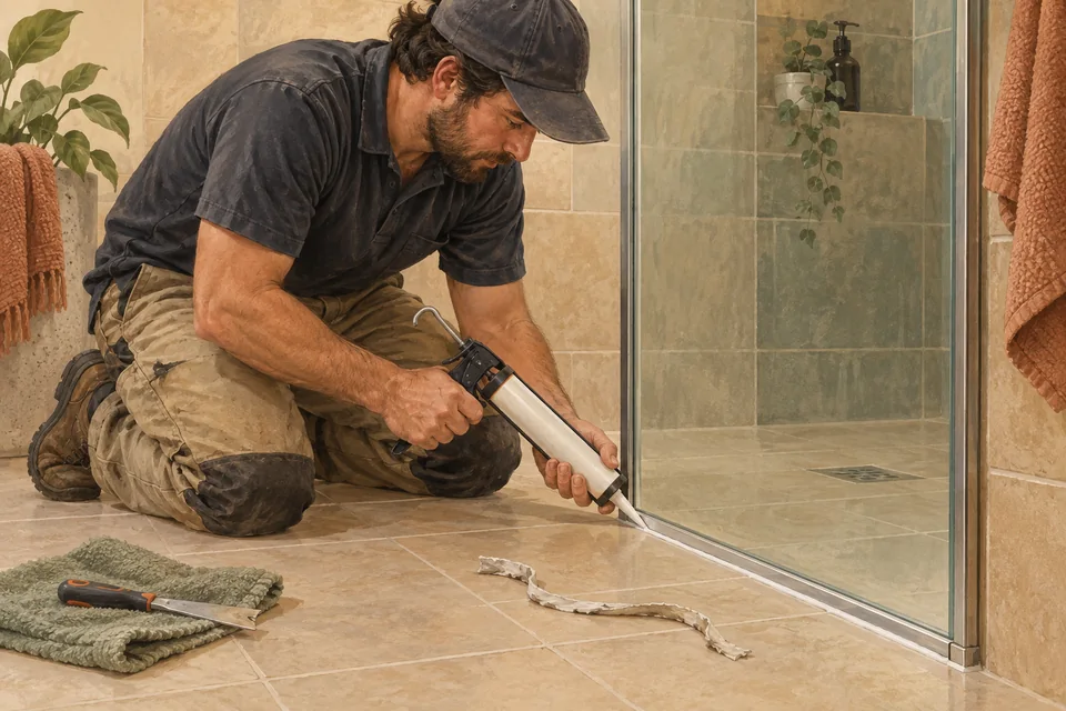 Illustration of a tradesperson renewing the flexible seal at a shower screen and tile junction.