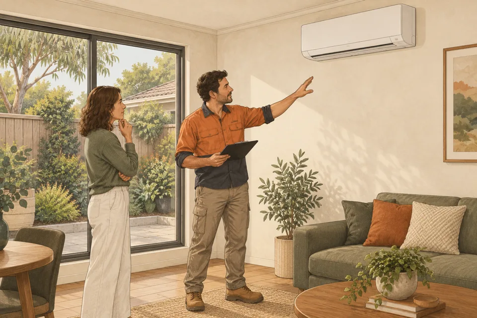 Illustration of an installer and homeowner discussing a split system in a living room.