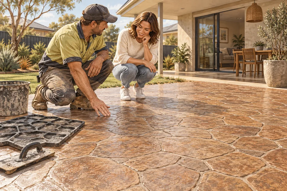 Illustration of a concreter showing a homeowner a stamped concrete patio.