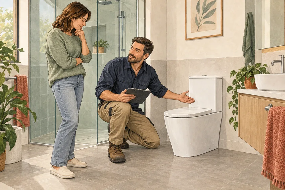 Illustration of a plumber discussing a toilet installation with a homeowner.