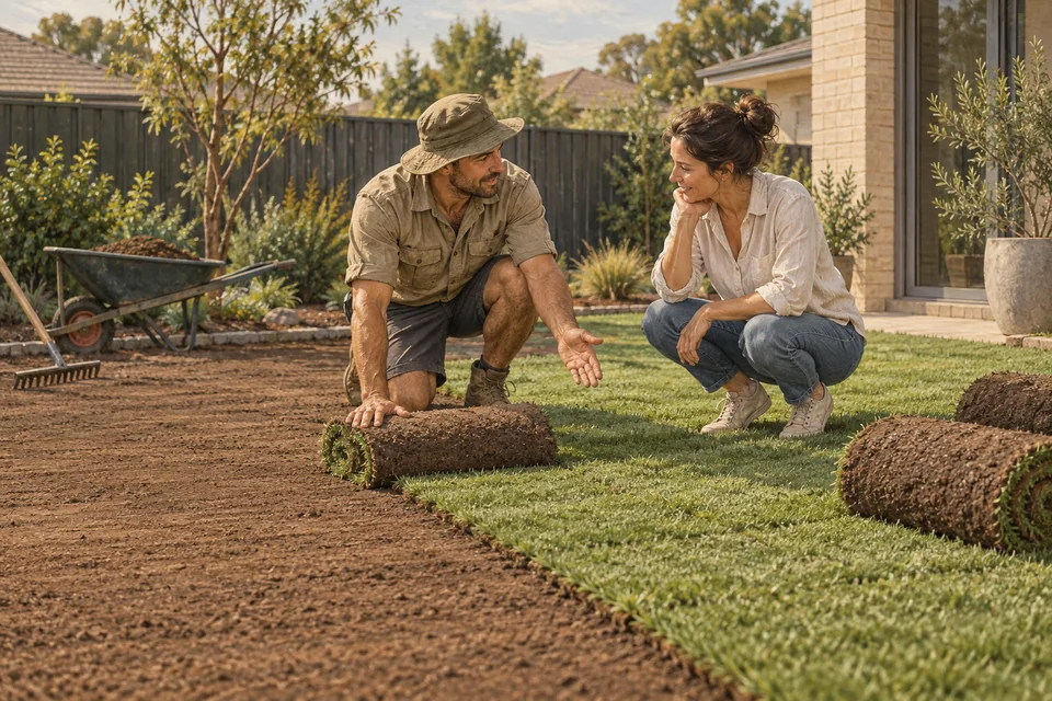 Illustration of a landscaper discussing turf rolls and prepared ground in a backyard.