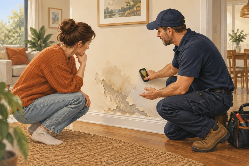 Illustration of a damp wall being examined.