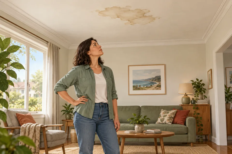 Illustration of a homeowner noticing a stain on the ceiling.