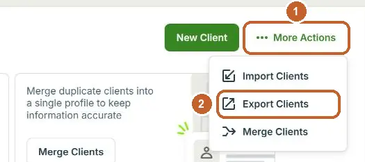 Jobber Clients: More Actions circled (step 1), Export Clients circled (step 2)