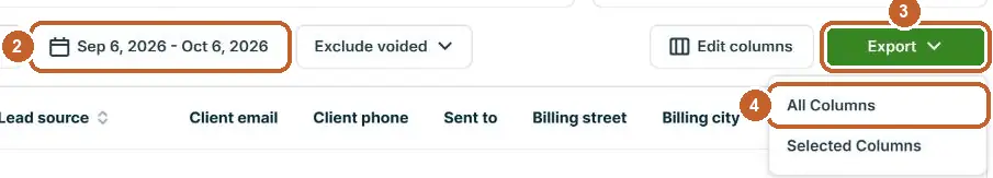 Jobber Invoices report: the date range circled (step 2), Export (step 3), All Columns (step 4)