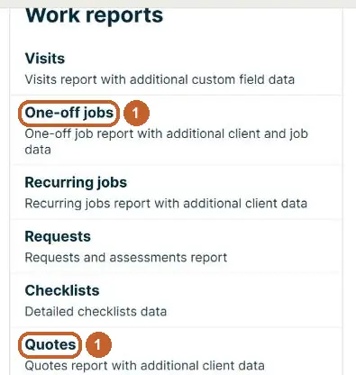 Jobber Work reports: One-off jobs and Quotes circled